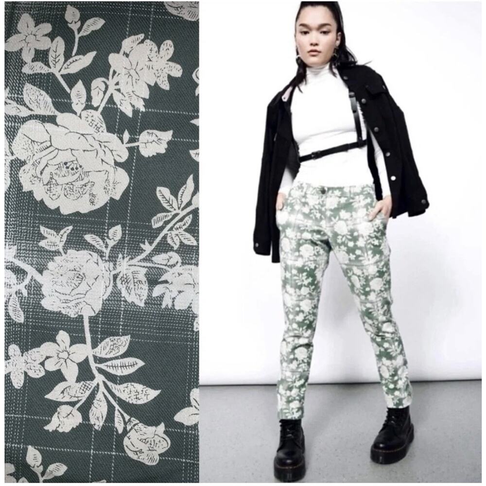 Wildfang The Essential Trouser Green Floral Rose Plaid Cotton Pants Women Size 4